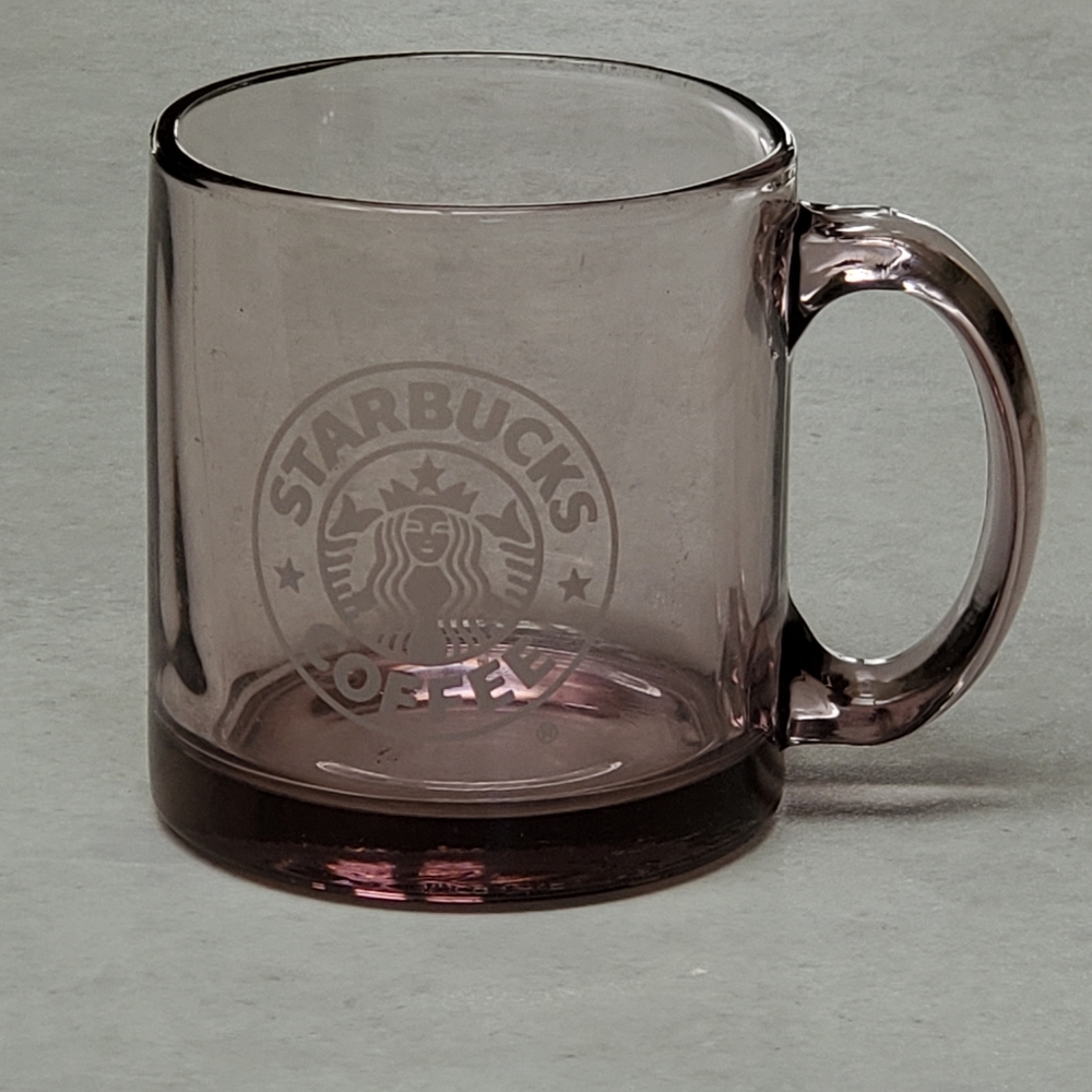 Starbucks Clear Glass Mug Cup Purple Tint Etched Mermaid Logo Made in USA